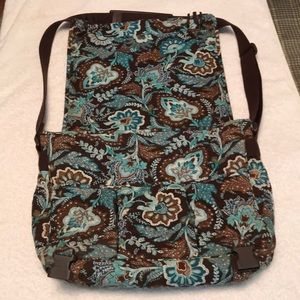 Brown and blue book bag / messenger bag